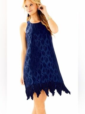 EUC Lilly Pulitzer Marquette Shift in True Navy Silk Leaf Jacquard